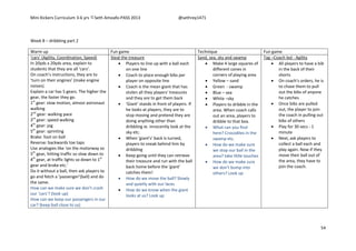 Mini Kickers Curriculum 3-6 yrs Seth Amoafo-PASS 2013 @sethrey1471
54
Week 8 – dribbling part 2
Warm up Fun game Technique Fun game
‘cars’ (Agility, Coordination, Speed)
In 20yds x 20yds area, explain to
students that they are all ‘cars’.
On coach’s instructions, they are to
‘turn on their engines’ (make engine
noises).
Explain a car has 5 gears. The higher the
gear, the faster they go.
1st
gear: slow motion, almost astronaut
walking
2nd
gear: walking pace
3rd
gear: speed walking
4th
gear: jog
5th
gear: sprinting
Brake: foot on ball
Reverse: backwards toe taps
Use analogies like ‘on the motorway so
5th
gear, hitting traffic so slow down to
4th
gear, at traffic lights so down to 1st
gear and brake etc.’
Do it without a ball, then ask players to
go and fetch a ‘passenger’(ball) and do
the same.
How can we make sure we don’t crash
our ‘cars’? (look up)
How can we keep our passengers in our
car? (keep ball close to us)
Steal the treasure
 Players to line up with a ball each
on one line
 Coach to place enough bibs per
player on opposite line
 Coach is the mean giant that has
stolen all they players' treasures
and they are to get them back
 'Giant' stands in front of players. If
he looks at players, they are to
stop moving and pretend they are
doing anything other than
dribbling ie. innocently look at the
sky etc.
 When 'giant's' back is turned,
players to sneak behind him by
dribbling
 Keep going until they can retrieve
their treasure and run with the ball
back home before the 'giant'
catches them!
 How do we move the ball? Slowly
and quietly with our laces
 How do we know when the giant
looks at us? Look up
Sand, sea, sky and swamp
 Make 4 large squares of
different cones in
corners of playing area
 Yellow – sand
 Green - swamp
 Blue – sea
 White –sky
 Players to dribble in the
area. When coach calls
out an area, players to
dribble to that box.
 What can you find
here? Crocodiles in the
swamp etc.
 How do we make sure
we stop our ball in the
area? take little touches
 How do we make sure
we don't bump into
others? Look up
Tag –Coach led - Agility
 All players to have a bib
in the back of their
shorts
 On coach's orders, he is
to chase them to pull
out the bibs of anyone
he catches
 Once bibs are pulled
out, the player to join
the coach in pulling out
bibs of others
 Play for 30 secs - 1
minute
 Next, ask players to
collect a ball each and
play again. Now if they
move their ball out of
the area, they have to
join the coach.
 