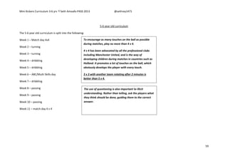 Mini Kickers Curriculum 3-6 yrs Seth Amoafo-PASS 2013 @sethrey1471
59
5-6 year old curriculum
The 5-6 year old curriculum is split into the following:
Week 1 – Match day 4v4
Week 2 – turning
Week 3 – turning
Week 4 – dribbling
Week 5 – dribbling
Week 6 – ABC/Multi Skills day
Week 7 – dribbling
Week 8 – passing
Week 9 – passing
Week 10 – passing
Week 11 – match day 4 v 4
To encourage as many touches on the ball as possible
during matches, play no more than 4 v 4.
4 v 4 has been advocated by all the professional clubs
including Manchester United, and is the way of
developing children during matches in countries such as
Holland. It promotes a lot of touches on the ball, which
obviously develops the player with every touch.
3 v 3 with another team rotating after 2 minutes is
better than 5 v 4.
The use of questioning is also important to illicit
understanding. Rather than telling, ask the players what
they think should be done, guiding them to the correct
answer.
 