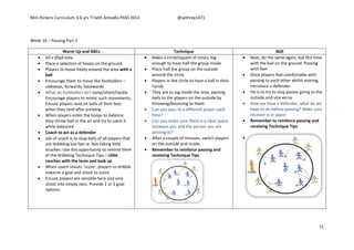 Mini Kickers Curriculum 3-6 yrs Seth Amoafo-PASS 2013 @sethrey1471
71
Week 10 – Passing Part 3
Warm Up and ABCs Technique Skill
 20 x 20yd area
 Place a selection of hoops on the ground.
 Players to move freely around the area with a
ball
 Encourage them to move like footballers –
sideways, forwards, backwards
 What do footballers do? Jump/shoot/tackle.
Encourage players to mimic such movements.
Ensure players land on balls of their feet
when they land after jumping
 When players enter the hoops to balance,
they throw ball in the air and try to catch it
while balanced
 Coach to act as a defender
 Job of coach is to stop balls of all players that
are dribbling too fast ie. Not taking little
touches. Use this opportunity to remind them
of the dribbling Technique Tips – Little
touches with the laces and look up
 When coach shouts ‘score’, players to dribble
towards a goal and shoot to score.
 Ensure players are sensible here and only
shoot into empty nets. Provide 2 or 3 goal
options
 Make a circle/square of cones, big
enough to have half the group inside
 Place half the group on the outside
around the circle
 Players in the circle to have a ball in their
hands
 They are to jog inside the area, passing
balls to the players on the outside by
throwing/bouncing to them
 Can you pass to a different player each
time?
 Can you make sure there is a clear space
between you and the person you are
passing to?
 After a couple of minutes, switch players
on the outside and inside.
 Remember to reinforce passing and
receiving Technique Tips
 Next, do the same again, but this time
with the ball on the ground. Passing
with feet
 Once players feel comfortable with
passing to each other whilst moving,
introduce a defender.
 He is to try to stop passes going to the
outside and vice versa.
 Now we have a defender, what do we
have to do before passing? Make sure
receiver is in space
 Remember to reinforce passing and
receiving Technique Tips

 