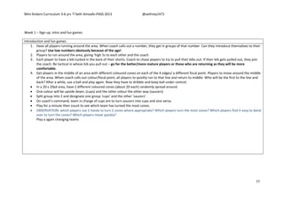 Mini Kickers Curriculum 3-6 yrs Seth Amoafo-PASS 2013 @sethrey1471
77
Week 1 – Sign up, intro and fun games
Introduction and fun games
1. Have all players running around the area. When coach calls out a number, they get in groups of that number. Can they introduce themselves to their
group? Use low numbers obviously because of the age!
2. Players to run around the area, giving 'high 5s to each other and the coach
3. Each player to have a bib tucked in the back of their shorts. Coach to chase players to try to pull their bibs out. If their bib gets pulled out, they join
the coach. Be tactical in whose bib you pull out – go for the better/more mature players or those who are returning as they will be more
comfortable.
4. Get players in the middle of an area with different coloured cones on each of the 4 edges/ a different focal point. Players to move around the middle
of the area. When coach calls out colour/focal point, all players to quickly run to that line and return to middle. Who will be the first to the line and
back? After a while, use a ball and play again. Now they have to dribble and keep ball under control.
 In a 20 x 20yd area, have 2 different coloured cones (about 20 each) randomly spread around.
 One colour will be upside down, (cups) and the other colour the other way (saucers)
 Split group into 2 and designate one group ‘cups’ and the other ‘saucers’.
 On coach’s command, team in charge of cups are to turn saucers into cups and vice versa.
 Play for a minute then count to see which team has turned the most cones.
 OBSERVATION: which players use 2 hands to turn 2 cones where appropriate? Which players turn the most cones? Which players find it easy to bend
over to turn the cones? Which players move quickly?
Play a again changing teams
 