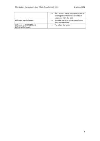 Mini Kickers Curriculum 3-6yrs Seth Amoafo-PASS 2013 @sethrey1471
8
 If it’s a quick pause, ask them to put all
balls together then move them to an
area away from the balls
Will need regular breaks  Don’t be scared to break every 5mins
for a minute or two
Will need an ENERGETC and
ENTHUSASTIC coach
 The sillier, the better
 