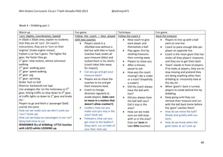 Mini Kickers Curriculum 3-6 yrs Seth Amoafo-PASS 2013 @sethrey1471
80
Week 4 – Dribbling part 1
Warm up Fun game Technique Fun game
‘cars’ (Agility, Coordination, Speed)
In 20yds x 20yds area, explain to students
that they are all ‘cars’. On coach’s
instructions, they are to ‘turn on their
engines’ (make engine noises).
Explain a car has 5 gears. The higher the
gear, the faster they go.
1st
gear: slow motion, almost astronaut
walking
2nd
gear: walking pace
3rd
gear: speed walking
4th
gear: jog
5th
gear: sprinting
Brake: foot on ball
Reverse: backwards toe taps
Use analogies like ‘on the motorway so 5th
gear, hitting traffic so slow down to 4th
gear,
at traffic lights so down to 1st
gear and brake
etc.’
Players to go and fetch a ‘passenger’(ball)
and do the same.
How can we make sure we don’t crash our
‘cars’? (look up)
How can we keep our passengers in our car?
(keep ball close to us)
REMEMBER 3Ls of dribbling: LITTLE touches
with LACES whilst LOOKING up.
Follow the coach – best played
with two coaches
 Players stand in a
20x20yd area without a
ball but with bibs in hand.
Coaches have stolen all
your treasure (bibs) and
tucked them in his shorts
(coach takes bibs away
for impact).
 Can you go and get your
treasure back?
 Players are to chase the
coaches to try and get
their treasures back.
 Coach to change
direction regularly to
evade players. (take care
to move in a motion that
doesn't allow crashes!!)
 Leaders, how can you
make sure you stay in the
area? (look up)
 Followers, how can you
get close to the leaders?
(Stay alert, run on balls of
your feet, look up).
Follow the coach 2
 Now coach to give
each player and
themselves a ball
 Play again, first by
stealing treasures
then running away
 Players to chase you
 After a minute,
pause to ask:
 How was the coach
moving? Like a snake
or a train? (hopefully
a snake!)
 Did the coach always
have the ball with
him?
 Did you always have
the ball with you?
Did it stay in the
area?
 How can we make
sure our ball stays
with us in the area?
(Use our laces to
take little touches)
Steal the treasure
 Players to line up with a ball
each on one line
 Coach to place enough bibs per
player on opposite line
 Coach is the mean giant that has
stolen all they players' treasures
and they are to get them back
 'Giant' stands in front of players.
If he looks at players, they are to
stop moving and pretend they
are doing anything other than
dribbling ie. innocently look at
the sky etc.
 When 'giant's' back is turned,
players to sneak behind him by
dribbling
 Keep going until they can
retrieve their treasure and run
with the ball back home before
the 'giant' catches them!
 How do we move the ball?
Slowly and quietly with our
laces
 How do we know when the
giant looks at us? Look up
 