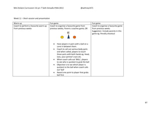 Mini Kickers Curriculum 3-6 yrs Seth Amoafo-PASS 2013 @sethrey1471
87
Week 11 – Short session and presentation
Warm up Fun game Fun game
Coach to perform a favourite warm up
from previous weeks
Coach to organise a favourite game from
previous weeks, Parent v coaches game, OR
 Have players in pairs with a ball on a
cone in between them.
 Coach to call out various body parts
and when called, players to touch
those parts with both hands eg. Head,
toes, your partner's ears etc.
 When coach calls out 'BALL', players
to see who is quickest to grab the ball
 Objective is to see which player is
quickest to the ball when coach calls
out 'ball'
 Award one point to player that grabs
ball first
Coach to organise a favourite game
from previous weeks
Suggestion: Include parents in this
game eg. Penalty shootout
 