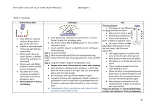 Mini Kickers Curriculum 3-6 yrs Seth Amoafo-PASS 2013 @sethrey1471
92
Week 3 – Shooting 2
Warm Up and ABCs Technique Skill
 Place different coloured
cones on 3 lines with a
goal on the other line
 Players to be in the middle
of the area with balls by a
central cone
 When coach calls out a
colour, players to dribble
to that line and return to
the middle
 When coach calls 'GOAL',
players to have 5 seconds
to score in the goal
 Play a few more times,
increasing the speed of
instruction each time to
get players warm
 Remind players of the 3Ls
of dribbling
 Have players line up between a pair of cones in an arch
facing the goal. Use the bigger goals
 On coach's orders, one at a time, players to take a shot in
the goal to score.
 Coach watch for players to adopt the correct techniques
when shooting:
Step 1: jog behind the ball
Step 2: place non kicking foot NEXT to the ball with toe facing
target. Stamp next to the ball. Encourage players to make a STAMP
noise
Step 3: using the instep or laces of kicking foot to shoot
 Players must stand still and wait for others after shooting
 Once all players have had a shot, all players to fetch their
balls and move a place to the right. Play until every player
gets a shot from every angle.
 Ensure players look up and shoot across the goal.
 Try again, this time with a goalkeeper. Coach to either be
goalkeeper or show a player how a goalkeeper moves on
his lines in relation to where the ball is to cover the near
post
 If goalkeeper is here (covering near post), where should
you look to shoot? (Across him)
Domino shooting
 Put players in two different teams
in zig zag formation as shown
 Place a ball in front of goal
 Need a gk (coach/player)
 Try to match players in
terms of ability on opposite cones
 On coach’s orders, the last
player from both teams to run to
the next player, high 5 him and
replace him
 The tagged player to run to the next
cone and do the same to his partner
 Keep going until you reach last player.
 This player to run to the ball and try to
score
 There should be a player from each
team battling to score
 When the ball is scored/saved/missed,
both players to sprint through the end
cones, go to the now vacant last cone
and start the domino process again
 Keep playing continuously until the
desired amount of goals is scored and
you have a winner
This game develops 1v1 attacking/defending,
scoring, SAQ, teamwork, fitness, goalkeeping
 