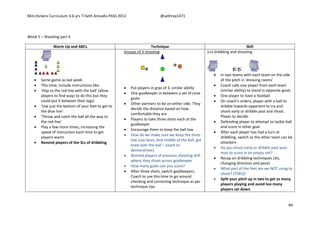 Mini Kickers Curriculum 3-6 yrs Seth Amoafo-PASS 2013 @sethrey1471
94
Week 5 – Shooting part 4
Warm Up and ABCs Technique Skill
 Same game as last week
 This time, include instructions like:
 'Hop to the red line with the ball' (allow
players to find ways to do this but they
could put it between their legs)
 'Use just the bottom of your feet to get to
the blue line'
 'Throw and catch the ball all the way to
the red line'
 Play a few more times, increasing the
speed of instruction each time to get
players warm
 Remind players of the 3Ls of dribbling
Groups of 3 shooting
 Put players in grps of 3, similar ability
 One goalkeeper in between a set of cone
goals
 Other partners to be on either side. They
decide the distance based on how
comfortable they are
 Players to take three shots each at the
goalkeeper
 Encourage them to keep the ball low
 How do we make sure we keep the shots
low (use laces, kick middle of the ball, get
knee over the ball – coach to
demonstrate)
 Remind players of previous shooting drill
where they shoot across goalkeeper
 How many goals can you score?
 After three shots, switch goalkeepers.
Coach to use this time to go around
checking and correcting technique as per
technique tips
1v1 dribbling and shooting
 In two teams with each team on the side
of the pitch in 'dressing rooms'
 Coach calls one player from each team
(similar ability) to stand in opposite goals
 One player to have a football
 On coach's orders, player with a ball to
dribble towards opponent to try and
shoot early or dribble past and shoot.
Player to decide.
 Defending player to attempt to tackle ball
and score in other goal
 After each player has had a turn at
dribbling, switch so the other team can be
attackers
 Do you shoot early or dribble past your
man to score in an empty net?
 Recap on dribbling techniques (3ls,
changing direction and pace)
 What part of the feet are we NOT using to
shoot? (TOES)!
 Split your pitch up in two to get as many
players playing and avoid too many
players sat down.
 
