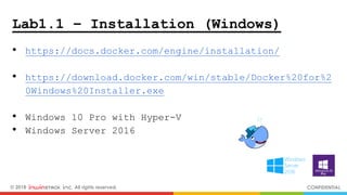 © 2018 inwinSTACK Inc. All rights reserved. CONFIDENTIAL
Lab1.1 – Installation (Windows)
• https://docs.docker.com/engine/installation/
• https://download.docker.com/win/stable/Docker%20for%2
0Windows%20Installer.exe
• Windows 10 Pro with Hyper-V
• Windows Server 2016
 