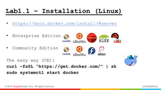 © 2018 inwinSTACK Inc. All rights reserved. CONFIDENTIAL
Lab1.1 – Installation (Linux)
• https://docs.docker.com/install/#server
• Enterprise Edition
• Community Edition
The easy way (CE):
curl –fsSL “https://get.docker.com/” | sh
sudo systemctl start docker
 