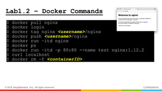 © 2018 inwinSTACK Inc. All rights reserved. CONFIDENTIAL
Lab1.2 – Docker Commands
$ docker pull nginx .
$ docker login .
$ docker tag nginx <username>/nginx .
$ docker push <username>/nginx .
$ docker run –itd nginx .
$ docker ps .
$ docker run –itd –p 80:80 --name test nginx:1.12.2 .
$ curl localhost .
$ docker rm –f <containerID> .
 