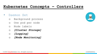© 2018 inwinSTACK Inc. All rights reserved. CONFIDENTIAL
• Daemon Set
o Background process
o One pod per node
o Node labels
o [Cluster Storage]
o [Logging]
o [Node Monitoring]
Kubernetes Concepts – Controllers
 