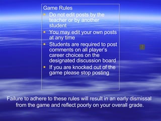 Game Rules Do not edit posts by the teacher or by another student You may edit your own posts at any time Students are required to post comments on all player’s career choices on the designated discussion board If you are knocked out of the game please stop posting  Failure to adhere to these rules will result in an early dismissal  from the game and reflect poorly on your overall grade. 