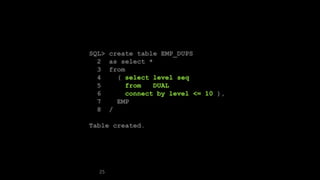 25
SQL> create table EMP_DUPS
2 as select *
3 from
4 ( select level seq
5 from DUAL
6 connect by level <= 10 ),
7 EMP
8 /
Table created.
 