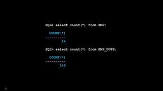SQL> select count(*) from EMP;
COUNT(*)
----------
14
SQL> select count(*) from EMP_DUPS;
COUNT(*)
----------
140
33
 