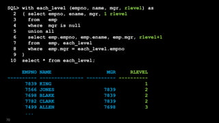 SQL> with each_level (empno, name, mgr, rlevel) as
2 ( select empno, ename, mgr, 1 rlevel
3 from emp
4 where mgr is null
5 union all
6 select emp.empno, emp.ename, emp.mgr, rlevel+1
7 from emp, each_level
8 where emp.mgr = each_level.empno
9 )
10 select * from each_level;
EMPNO NAME MGR RLEVEL
---------- --------------- ---------- ----------
7839 KING 1
7566 JONES 7839 2
7698 BLAKE 7839 2
7782 CLARK 7839 2
7499 ALLEN 7698 3
...
70
 