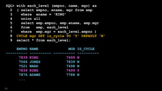 SQL> with each_level (empno, name, mgr) as
2 ( select empno, ename, mgr from emp
3 where ename = 'KING'
4 union all
5 select emp.empno, emp.ename, emp.mgr
6 from emp, each_level
7 where emp.mgr = each_level.empno )
8 CYCLE mgr SET is_cycle TO 'Y' DEFAULT 'N'
9 select * from each_level;
EMPNO NAME MGR IS_CYCLE
---------- ---------- ---------- ----------
7839 KING 7499 N
7566 JONES 7839 N
7521 WARD 7698 N
7839 KING 7499 Y
7876 ADAMS 7788 N
...
74
 