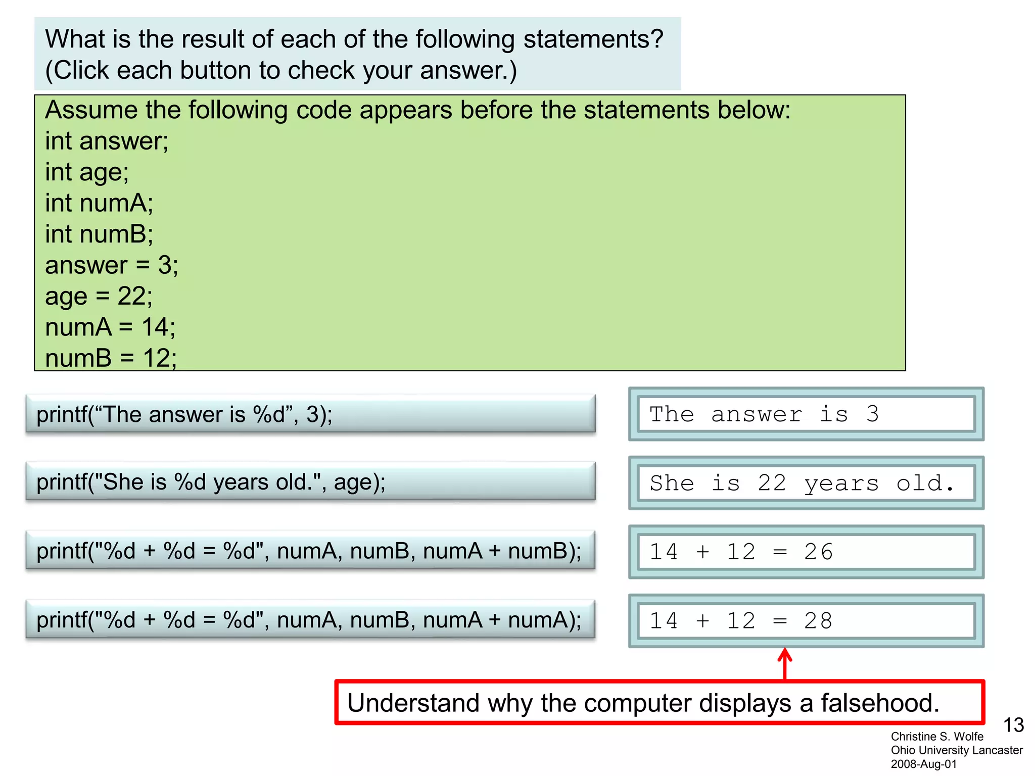 13
Assume the following code appears before the statements below:
int answer;
int age;
int numA;
int numB;
answer = 3;
age = 22;
numA = 14;
numB = 12;
Christine S. Wolfe
Ohio University Lancaster
2008-Aug-01
printf("%d + %d = %d", numA, numB, numA + numB);
printf("She is %d years old.", age);
printf(“The answer is %d”, 3); The answer is 3
14 + 12 = 26
She is 22 years old.
What is the result of each of the following statements?
(Click each button to check your answer.)
printf("%d + %d = %d", numA, numB, numA + numA); 14 + 12 = 28
Understand why the computer displays a falsehood.
 