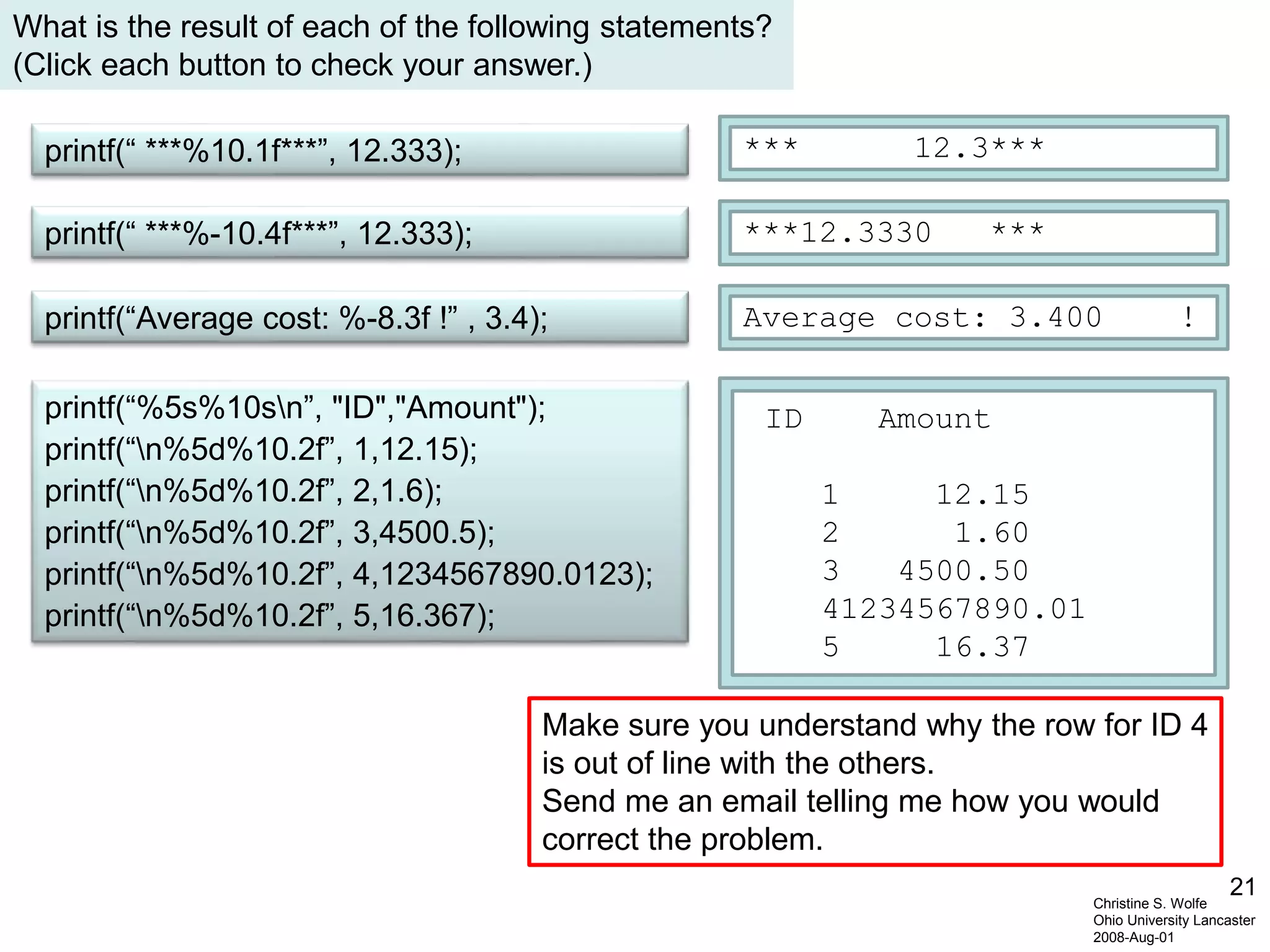 21
Christine S. Wolfe
Ohio University Lancaster
2008-Aug-01
printf(“Average cost: %-8.3f !” , 3.4);
printf(“ ***%-10.4f***”, 12.333);
printf(“ ***%10.1f***”, 12.333); *** 12.3***
Average cost: 3.400 !
***12.3330 ***
printf(“%5s%10sn”, "ID","Amount");
printf(“n%5d%10.2f”, 1,12.15);
printf(“n%5d%10.2f”, 2,1.6);
printf(“n%5d%10.2f”, 3,4500.5);
printf(“n%5d%10.2f”, 4,1234567890.0123);
printf(“n%5d%10.2f”, 5,16.367);
ID Amount
1 12.15
2 1.60
3 4500.50
41234567890.01
5 16.37
What is the result of each of the following statements?
(Click each button to check your answer.)
Make sure you understand why the row for ID 4
is out of line with the others.
Send me an email telling me how you would
correct the problem.
 