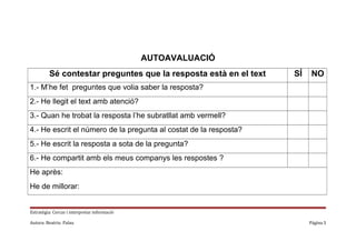 AUTOAVALUACIÓ
Sé contestar preguntes que la resposta està en el text

SÍ

NO

1.- M’he fet preguntes que volia saber la resposta?
2.- He llegit el text amb atenció?
3.- Quan he trobat la resposta l’he subratllat amb vermell?
4.- He escrit el número de la pregunta al costat de la resposta?
5.- He escrit la resposta a sota de la pregunta?
6.- He compartit amb els meus companys les respostes ?
He après:
He de millorar:
Estratègia: Cercar i interpretar informació
Autora: Beatriu Palau

Página 5

 