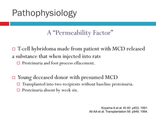 Pathophysiology
A “Permeability Factor”
 T-cell hybridoma made from patient with MCD released
a substance that when injected into rats
 Proteinuria and foot process effacement.
 Young deceased donor with presumed MCD
 Transplanted into two recipients without baseline proteinuria.
 Proteinuria absent by week six.
Koyama A et al. KI 40: p453, 1991.
Ali AA et al. Transplantation 58: p849, 1994.
 