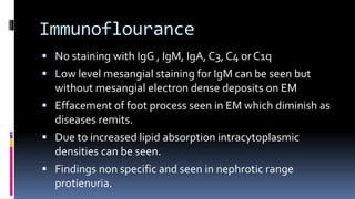 Immunoflourance
 No staining with IgG , IgM, IgA, C3, C4 or C1q
 Low level mesangial staining for IgM can be seen but
without mesangial electron dense deposits on EM
 Effacement of foot process seen in EM which diminish as
diseases remits.
 Due to increased lipid absorption intracytoplasmic
densities can be seen.
 Findings non specific and seen in nephrotic range
protienuria.
 