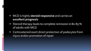  MCD is highly steroid responsive and carries an
excellent prognosis
 Steroid therapy leads to complete remission in 80-85 %
of adults with MCD
 Corticosteroid exert direct protection of podocytes from
injury and/or promotion of repair
 