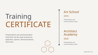 CERTIFICATE
Training
Presentations are communication
tools that can be used as lectures,
speeches, reports, demonstrations,
and more.
Presentations are
communication tools.
2019
Art School
Presentations are
communication tools.
2020
Architect
Academy
Page 06 of 18
 