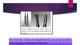 Newer burs like CK burs and endoguide burs has a tip size less than half as
wide as round bur available from SS White Burs.
 