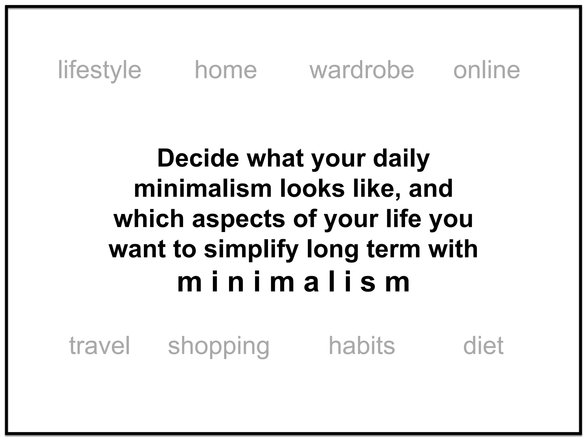 Decide what your daily
minimalism looks like, and
which aspects of your life you
want to simplify long term with
m i n i m a l i s m
diet
wardrobehome online
travel shopping habits
lifestyle
 