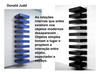 Donald Judd


              As relações
              internas que antes
              existiam nos
              objetos modernos
              desaparecem .
              Objetos simples
              tomam o lugar e
              propõem a
              interação entre
              objeto,
              espectador e
              espaço.
 