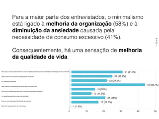 Para a maior parte dos entrevistados, o minimalismo
está ligado à melhoria da organização (58%) e à
diminuição da ansiedade causada pela
necessidade de consumo excessivo (41%).
Consequentemente, há uma sensação de melhoria
da qualidade de vida.
M
N
M
L
 