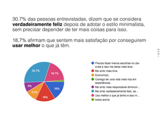 30.7% das pessoas entrevistadas, dizem que se considera
verdadeiramente feliz depois de adotar o estilo minimalista,
sem precisar depender de ter mais coisas para isso.
18,7% afirmam que sentem mais satisfação por conseguirem
usar melhor o que já têm.
M
N
M
L
 