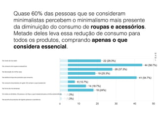 Quase 60% das pessoas que se consideram
minimalistas percebem o minimalismo mais presente
da diminuição do consumo de roupas e acessórios.
Metade deles leva essa redução de consumo para
todos os produtos, comprando apenas o que
considera essencial.
M
N
M
L
 