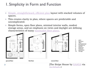 1. Simplicity in Form and Function
 Simple, straightforward, efficient plan layout with stacked volumes of
spaces.
 This creates clarity in plan, where spaces are predictable and
uncomplicated.
 Simple forms, open floor plans, minimal interior walls, modest
storage areas, and an emphasis on views and daylight are defining
characteristics of many minimalist floor plans.
[The Stripe House by GAAGA via
ArchDaily.]
 