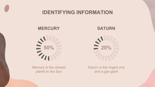 IDENTIFYING INFORMATION
SATURN
Saturn is the ringed one
and a gas giant
20%
MERCURY
Mercury is the closest
planet to the Sun
50%
 