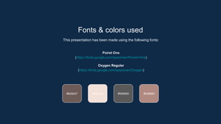 Fonts & colors used
This presentation has been made using the following fonts:
Poiret One
(https://fonts.google.com/specimen/Poiret+One)
Oxygen Regular
(https://fonts.google.com/specimen/Oxygen)
#f2e1d8 #595959 #b08980
#6d5b57
 