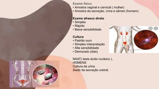 Exame físico
• Amostra vaginal e cervical ( mulher)
• Amostra da secreção, crina e sêmen (homem)
Exame afresco direto
• Simples
• Rápido
• Baixa sensibilidade
Cultura
• Padrão ouro
• Simples interpretação
• Alta sensibilidade
• Demorado (dias)
NAAT( teste ácido nucleico ),
HOMENS
Cultura da urina
Swab da secreção uretral.
 