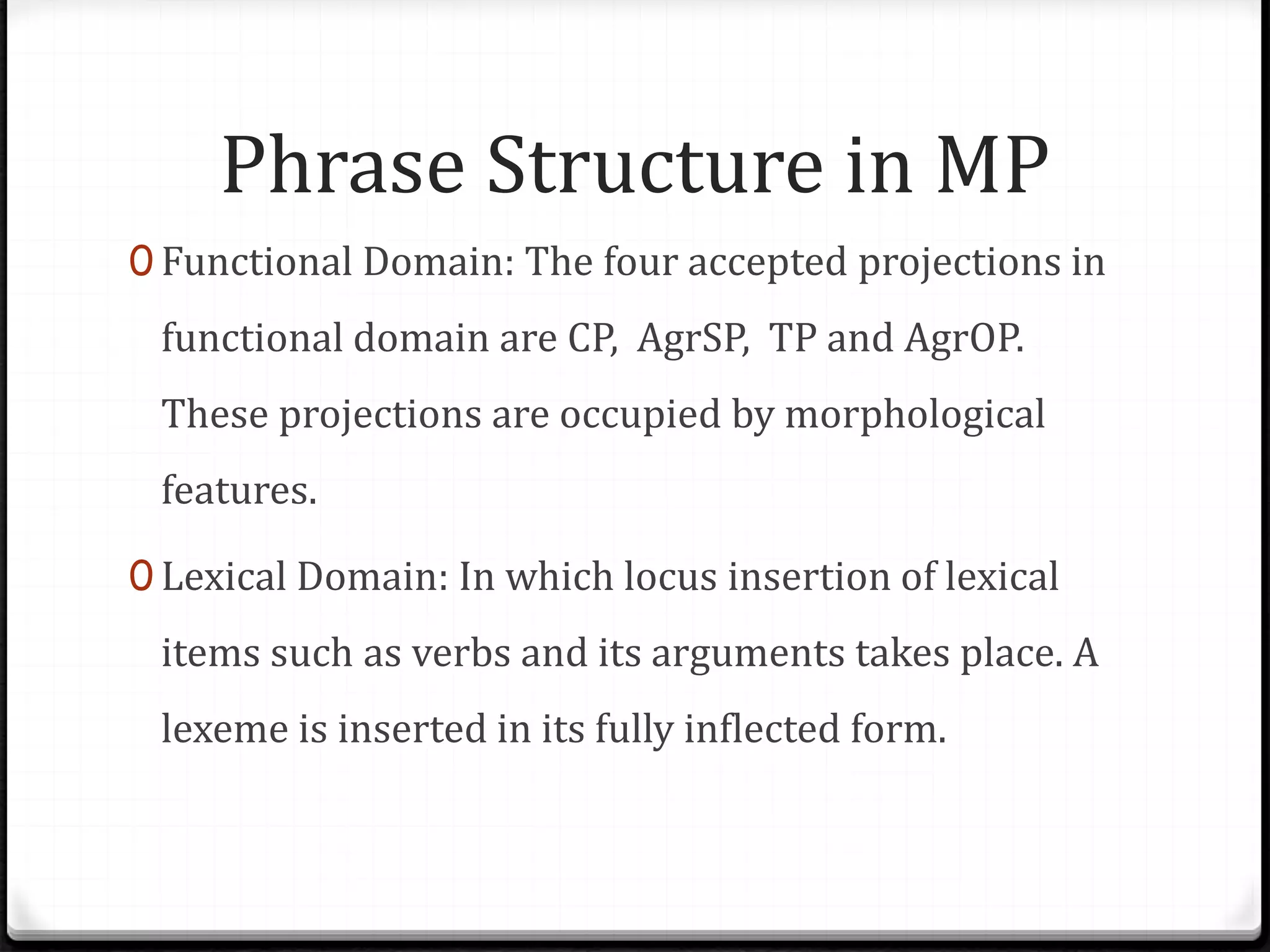 Phrase Structure in MP
0 Functional Domain: The four accepted projections in
functional domain are CP, AgrSP, TP and AgrOP.
These projections are occupied by morphological
features.
0 Lexical Domain: In which locus insertion of lexical
items such as verbs and its arguments takes place. A
lexeme is inserted in its fully inflected form.
 