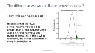 The difference we would like to ‘prove’ obtains ?
This view is even more hopeless
It requires that the lower
confidence interval should be
greater than . This requires using
 as a (shifted) null value and
trying to reject this. If this is what
is needed, the power calculation is
completely irrelevant.
(c) Stephen Senn 2017 11
 