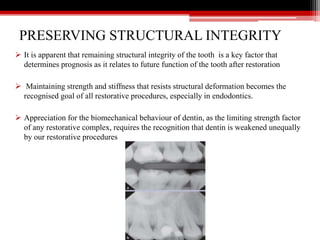 PRESERVING STRUCTURAL INTEGRITY
 It is apparent that remaining structural integrity of the tooth is a key factor that
determines prognosis as it relates to future function of the tooth after restoration
 Maintaining strength and stiffness that resists structural deformation becomes the
recognised goal of all restorative procedures, especially in endodontics.
 Appreciation for the biomechanical behaviour of dentin, as the limiting strength factor
of any restorative complex, requires the recognition that dentin is weakened unequally
by our restorative procedures
 