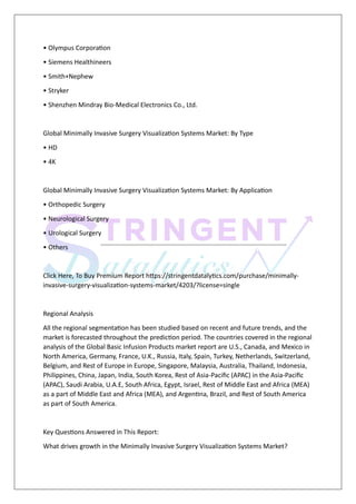 • Olympus Corporation
• Siemens Healthineers
• Smith+Nephew
• Stryker
• Shenzhen Mindray Bio-Medical Electronics Co., Ltd.
Global Minimally Invasive Surgery Visualization Systems Market: By Type
• HD
• 4K
Global Minimally Invasive Surgery Visualization Systems Market: By Application
• Orthopedic Surgery
• Neurological Surgery
• Urological Surgery
• Others
Click Here, To Buy Premium Report https://stringentdatalytics.com/purchase/minimally-
invasive-surgery-visualization-systems-market/4203/?license=single
Regional Analysis
All the regional segmentation has been studied based on recent and future trends, and the
market is forecasted throughout the prediction period. The countries covered in the regional
analysis of the Global Basic Infusion Products market report are U.S., Canada, and Mexico in
North America, Germany, France, U.K., Russia, Italy, Spain, Turkey, Netherlands, Switzerland,
Belgium, and Rest of Europe in Europe, Singapore, Malaysia, Australia, Thailand, Indonesia,
Philippines, China, Japan, India, South Korea, Rest of Asia-Pacific (APAC) in the Asia-Pacific
(APAC), Saudi Arabia, U.A.E, South Africa, Egypt, Israel, Rest of Middle East and Africa (MEA)
as a part of Middle East and Africa (MEA), and Argentina, Brazil, and Rest of South America
as part of South America.
Key Questions Answered in This Report:
What drives growth in the Minimally Invasive Surgery Visualization Systems Market?
 