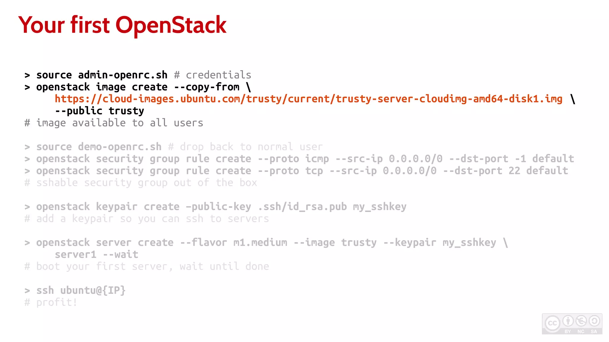 Your first OpenStack
> source admin-openrc.sh # credentials
> openstack image create --copy-from 
https://cloud-images.ubuntu.com/trusty/current/trusty-server-cloudimg-amd64-disk1.img 
--public trusty
# image available to all users
> source demo-openrc.sh # drop back to normal user
> openstack security group rule create --proto icmp --src-ip 0.0.0.0/0 --dst-port -1 default
> openstack security group rule create --proto tcp --src-ip 0.0.0.0/0 --dst-port 22 default
# sshable security group out of the box
> openstack keypair create –public-key .ssh/id_rsa.pub my_sshkey
# add a keypair so you can ssh to servers
> openstack server create --flavor m1.medium --image trusty --keypair my_sshkey 
server1 --wait
# boot your first server, wait until done
> ssh ubuntu@{IP}
# profit!
 