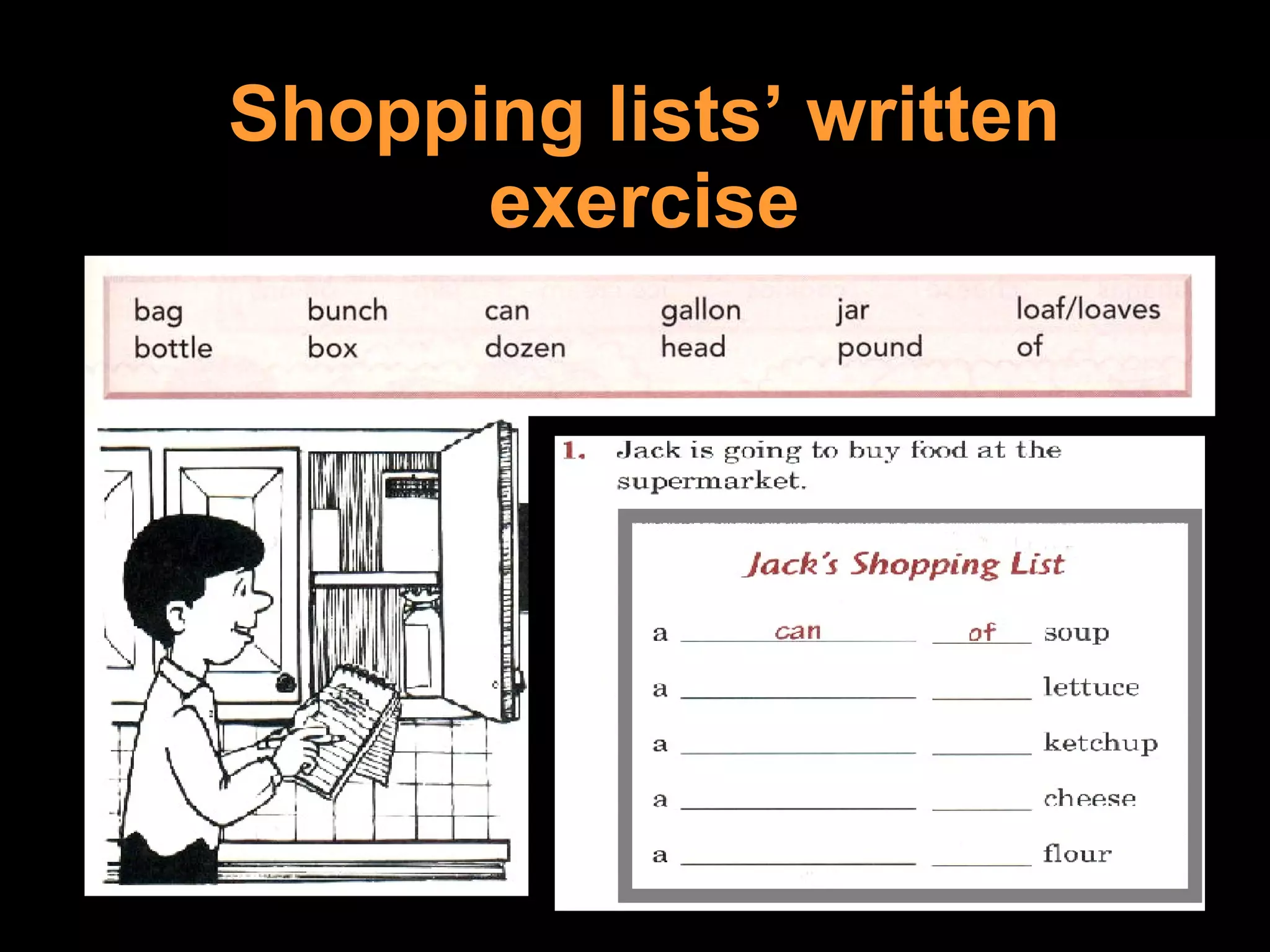 Shopping lists’ written exercise 
