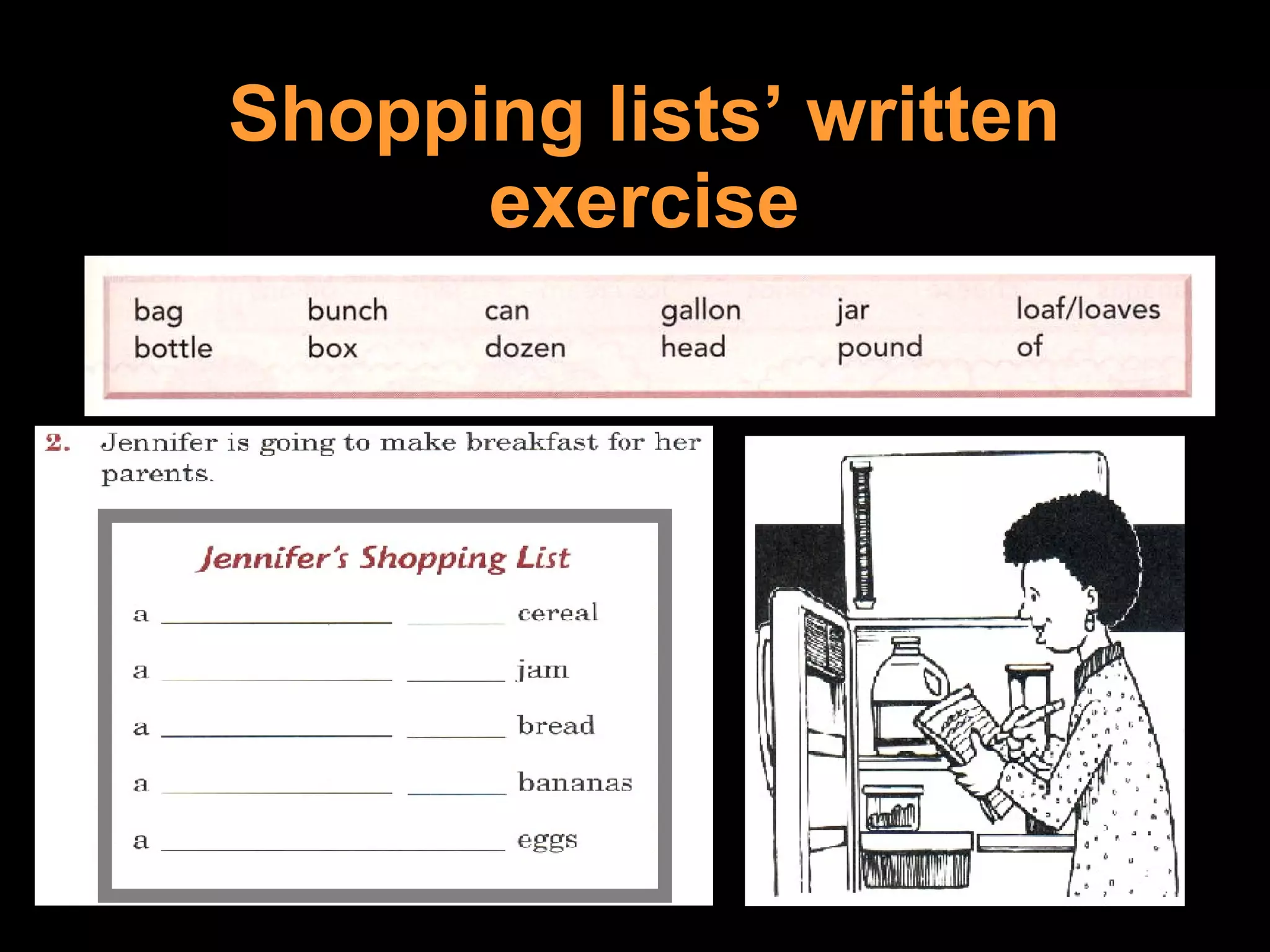 Shopping lists’ written exercise 