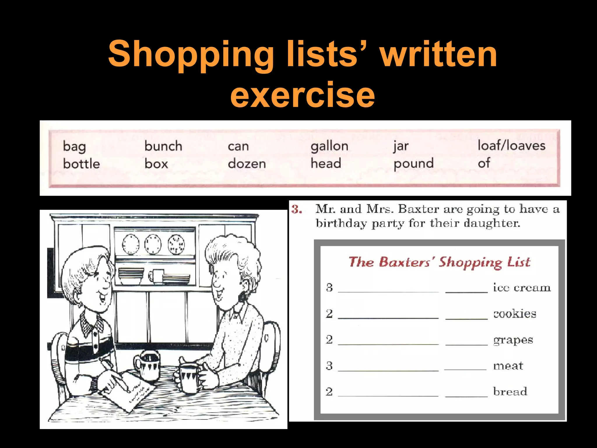 Shopping lists’ written exercise 