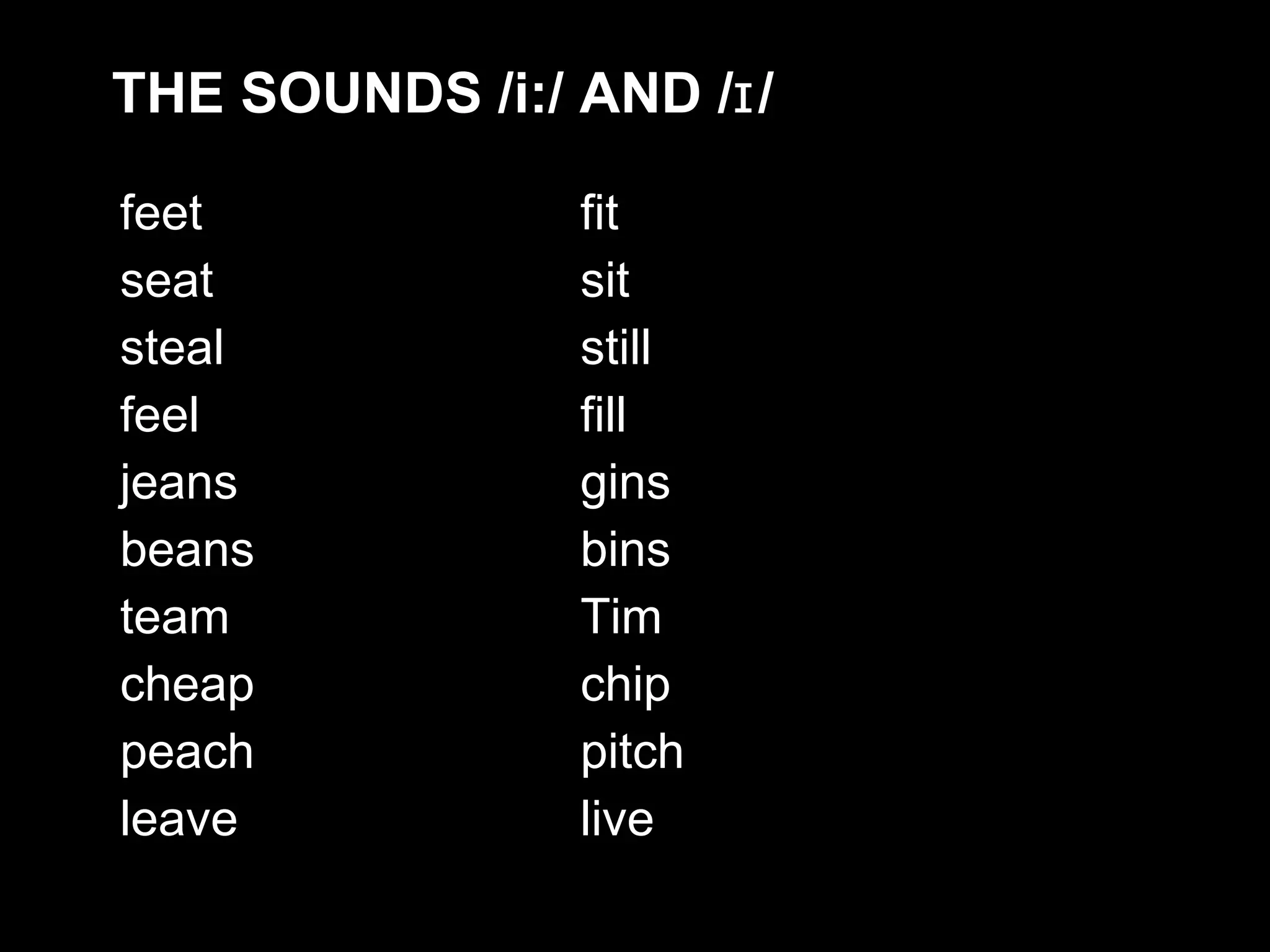 feet fit seat sit steal still feel fill jeans gins beans bins team Tim cheap chip peach pitch leave live THE SOUNDS /i:/ AND /ɪ/ 