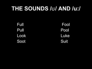   THE SOUNDS /ʊ/ AND /u:/     Full  Fool   Pull Pool   Look Luke   Soot Suit 