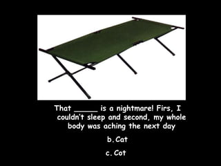 That _____ is a nightmare! Firs, I couldn’t sleep and second, my whole body was aching the next day Cat Cot  