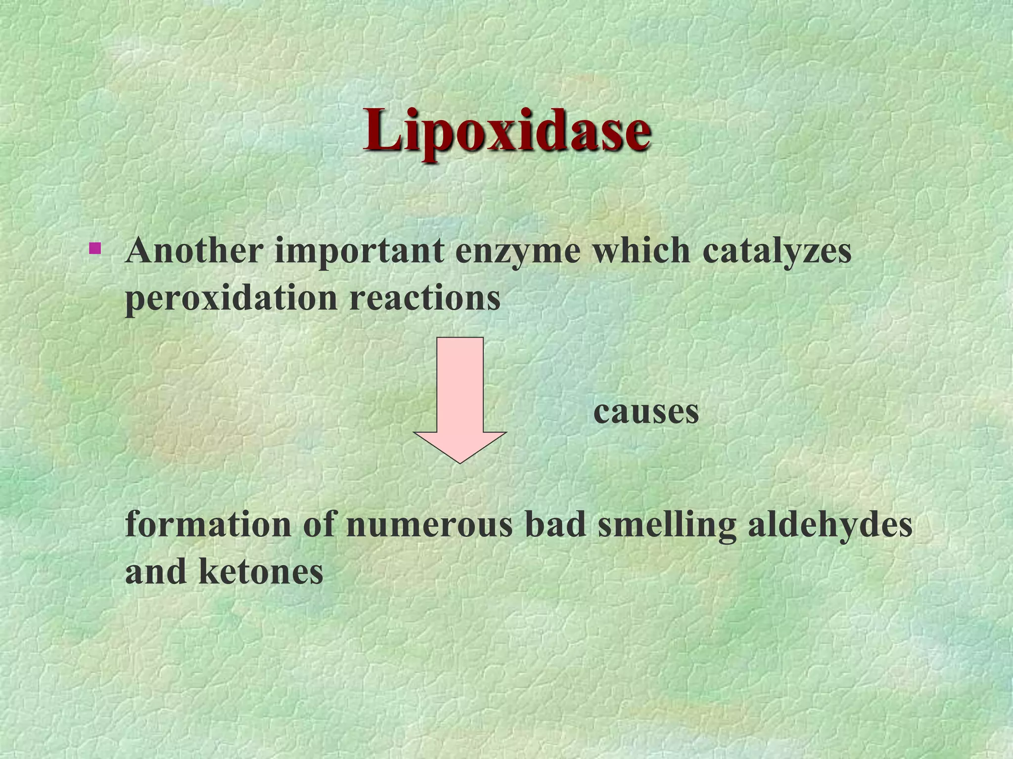 Lipoxidase
 Another important enzyme which catalyzes
peroxidation reactions
causes
formation of numerous bad smelling aldehydes
and ketones
 