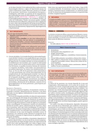 Digestivo y Cirugía General

   sar de dejar el alcohol. En la exploración física suelen presentar    beber tiene una supervivencia del 50% a los 5 años, y baja al 30%
   hepatomegalia dolorosa y signos de hipertensión portal. En            si continúa bebiendo. El tratamiento consiste en abstinencia de
   cuanto al laboratorio, puede observarse anemia en el 50-60%           alcohol y tratamiento de las complicaciones. La colchicina puede
   de los pacientes, leucocitosis, ocasionalmente leucopenia y           ser útil. En situaciones de hepatopatía terminal y si el paciente deja
   trombopenia; suele haber un aumento de las transaminasas,             de beber, trasplante hepático.
   pero habitualmente menor de 500 unidades con GOT dos veces
   superior a la GPT (MIR 98-99F, 1; MIR 04-05, 11), aumento de               RECUERDA
   la gammaglutamiltranspeptidasa, de la fosfatasa alcalina, así
   como de la bilirrubina. Pueden encontrarse grados variables            La hialina de Mallory aparece en la hepatopatía alcohólica, pero
   de disminución de la albúmina y alteraciones de la coagulación         también aparece en otros procesos: cirrosis biliar primaria, obe-
   en suero, sobre todo prolongación del tiempo de protrombina.           sidad mórbida, cortocircuito yeyunoileal, DM mal controlada,
   Otras de las alteraciones frecuentes en la hepatitis alcohólica son    déﬁcit de alfa-1-antitripsina, déﬁcit de vitamina A, enfermedad
   la presencia de hiponatremia, hipopotasemia, hipomagnesemia            de Wilson y en la cirrosis infantil de la India.
   o hipofosfatemia.

     MUY IMPORTANTE                                                      TEMA 4. CIRROSIS.
 Hay tres tipos de hepatitis crónica.                                    La cirrosis es un proceso difuso caracterizado por ﬁbrosis y conver-
 • Hepatitis crónica persistente: células mononucleares en los           sión de la arquitectura normal del hígado en nódulos estructural-
    espacios porta.                                                      mente anormales. La cirrosis es la consecuencia morfológica y vía
 • Hepatitis crónica lobulillar: no solo tiene inﬂamación en             ﬁnal común de diferentes trastornos.
    los espacios portales, sino que además va acompañada de
    inﬂamación lobulillar y necrosis hepatocelulares focales             ETIOLOGÍA.
    durante las fases de actividad clínica.La membrana limitante             Ver tabla adjunta (MIR 97-98F, 20; MIR 04-05, 10).
    permanece intacta.
 • Hepatitis crónica activa: existe inﬂamación tanto portal
    como lobulillar, necrosis en sacabocados, erosion de la lá-                              Tabla 4. Causas de cirrosis.
    mina limitante y tabiques ﬁbróticos que conectan las zonas            • Alcoholismo.
    portales con el centro del lobulillo.                                 • Posthepatitis vírica: hepatitis B, C y D.
                                                                          • Drogas (metotrexate).
                                                                          • Enfermedades congénitas y metabólicas: hemocromatosis,
3) Cirrosis alcohólica. Es el estadio final de la enfermedad hepáti-        etc.
   ca por alcohol. Consiste en una amplia fibrosis que conecta los        • Cirrosis biliar primaria y secundaria a obstrucción crónica.
   espacios porta y las venas centrales con formación de nódulos          • Fallo cardiaco u obstrucción venosa: insuﬁciencia cardiaca
   de regeneración. En estadios iniciales, la cirrosis alcohólica es        congestiva, pericarditis crónica, obstrucción crónica de las
   invariablemente micronodular, pero cuando la enfermedad                  venas hepáticas.
   avanza, puede verse un patrón mixto micro y macronodular.              • Otras: sarcoidosis, hepatitis crónica autoinmune, diabetes
   Con frecuencia, se pueden encontrar lesiones de esteatosis               mellitus, by-pass yeyunoileales.
   y/o hepatitis alcohólica. Suele haber una hemosiderosis
   secundaria importante. En cuanto a las manifestaciones clí-
   nicas: un 10 a un 20% de los pacientes están asintomáticos                 MUY IMPORTANTE
   y el resto presentarán una cirrosis descompensada con las
   complicaciones de toda hepatopatía terminal. Los datos de              Para recordar los datos que se tienen en cuenta en la clasiﬁcación
   laboratorio suelen ser menos pronunciados que en el caso               de Child-Pugh, son útiles las reglas nemotécnicas “BEATA” o
   de la hepatitis alcohólica y puede incluso tener todos los             “BATEA”: B de bilirrubina, E de encefalopatía, A de ascitis, T de
   parámetros normales. Podemos encontrarnos, sin embargo,                tiempo de protrombina, y A de albúmina
   aumento de las transaminasas, disminución del tiempo de
   protrombina, disminución de la albúmina, aumento de las               CLÍNICA.
   gammaglobulinas de forma policlonal y pancitopenia por                La clínica de los pacientes con cirrosis depende de si esta está
   hiperesplenismo.                                                      compensada o descompensada y de la causa de la cirrosis. Los
                                                                         pacientes con cirrosis compensada pueden estar completamente
PRONÓSTICO Y TRATAMIENTO.                                                asintomáticos y no presentar ninguna alteración analítica. Los
En el caso de la esteatosis hepática, el tratamiento consiste en         pacientes con cirrosis descompensada pueden presentar alguna
suspender el alcohol, administración de vitaminas y una dieta            de las grandes complicaciones como hemorragia digestiva alta
adecuada; con este régimen, habitualmente en una a seis semanas          por varices, ictericia, ascitis, encefalopatía, peritonitis bacteriana
regresa la lesión.                                                       espontánea, sepsis o hepatocarcinoma. En cuanto a la exploración
    En el caso de la hepatitis alcohólica, los datos de mal pronóstico   física, pueden presentar un tinte ictérico, arañas vasculares, eritema
son: una prolongación del tiempo de protrombina de más de 4              palmar; en los alcohólicos, es frecuente la contractura del Dupuy-
segundos a pesar del tratamiento con vitamina K; un aumento de           tren, hipertroﬁa parotídea, ginecomastia y distribución feminoide
la bilirrubina por encima de 5 mg/dl; un aumento de la creatinina        del vello. Es frecuente encontrar hepatomegalia y puede aparecer
a más de 0,6 mg/dl los primeros 10 dias de ingreso en el hospital,       esplenomegalia.
ascitis o encefalopatía. El tratamiento consiste en la abstinencia            En cuanto a los datos de laboratorio, dependen obviamente
absoluta de alcohol, reposo, administración de vitaminas y dieta         de lo avanzado de la enfermedad, pero podemos encontrarnos
rica en proteínas, salvo que exista encefalopatía. Es opcional la        alteraciones de la bioquímica hepática como aumentos de las
utilización de soluciones enriquecidas en aminoácidos ramiﬁca-           transaminasas, que no suelen ser muy elevados y con una GOT su-
dos o propiltiouracilo. Los esteroides han demostrado ser útiles,        perior a GPT; los enzimas de colestasis suelen estar elevados en las
pero solamente en los casos de hepatitis alcohólica severa. El           cirrosis biliares. En el proteinograma en fases avanzadas suele verse
tratamiento con colchicina puede ralentizar la progresión de la          una disminución de la albúmina con un aumento policlonal de las
enfermedad y aumentar la supervivencia en pacientes con he-              gammaglobulinas. Alteraciones de la coagulación por disminución
patopatía alcohólica.                                                    de la síntesis de factores hepáticos. Aumento de la actividad ﬁbrino-
    En cuanto a la cirrosis alcohólica, el pronóstico depende de si      lítica. Signos de hiperesplenismo como trombopenia o leucopenia.
el paciente deja de beber o no. En el caso de las cirrosis compensa-     Hipocolesterolemia en cirrosis no biliares e hipercolesterolemia
das, los pacientes que dejan de beber tienen una supervivencia de        en las biliares. Y las alteraciones de laboratorio dependientes de la
un 85% a los 5 años, que baja al 60% a los 5 años, si siguen consu-      causa etiológica especíﬁca.
miendo. En el caso de cirrosis complicadas, si el paciente deja de

                                                                                                                                      Pág. 11
 