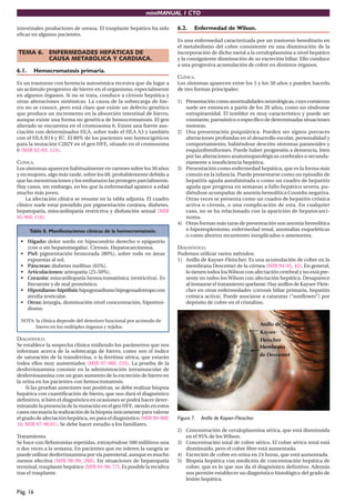 miniMANUAL 1 CTO

intestinales productores de ureasa. El trasplante hepático ha sido      6.2.    Enfermedad de Wilson.
eﬁcaz en algunos pacientes.
                                                                        Es una enfermedad caracterizada por un trastorno hereditario en
                                                                        el metabolismo del cobre consistente en una disminución de la
TEMA 6. ENFERMEDADES HEPÁTICAS DE                                       incorporación de dicho metal a la ceruloplasmina a nivel hepático
        CAUSA METABÓLICA Y CARDIACA.                                    y la consiguiente disminución de su excreción biliar. Ello conduce
                                                                        a una progresiva acumulación de cobre en distintos órganos.
6.1.      Hemocromatosis primaria.
                                                                        CLÍNICA.
Es un trastorno con herencia autosómica recesiva que da lugar a         Los síntomas aparecen entre los 5 y los 50 años y pueden hacerlo
un acúmulo progresivo de hierro en el organismo, especialmente          de tres formas principales:
en algunos órganos. Si no se trata, conduce a cirrosis hepática y
otras alteraciones sistémicas. La causa de la sobrecarga de hie-        1) Presentación como anormalidades neurológicas, cuyo comienzo
rro no se conoce, pero está claro que existe un defecto genético           suele ser entonces a partir de los 20 años, como un síndrome
que produce un incremento en la absorción intestinal de hierro,            extrapiramidal. El temblor es muy característico y puede ser
aunque existe una forma no genética de hemocromatosis. El gen              constante, paroxístico o especíﬁco de determinadas situaciones
alterado se encuentra en el cromosoma 6. Existe una fuerte aso-            motoras.
ciación con determinados HLA, sobre todo el HLA A3 y también            2) Una presentación psiquiátrica. Pueden ser signos precoces
con el HLA B14 y B7. El 80% de los pacientes son homocigóticos             alteraciones profundas en el desarrollo escolar, personalidad y
para la mutación C282Y en el gen HFE, situado en el cromosoma              comportamiento, habiéndose descrito síntomas paranoides y
6 (MIR 02-03, 124).                                                        esquizofreniformes. Puede haber progresión a demencia, bien
                                                                           por las alteraciones anatomopatológicas cerebrales o secunda-
CLÍNICA.                                                                   riamente a insuﬁciencia hepática.
Los síntomas aparecen habitualmente en varones sobre los 50 años        3) Presentación como enfermedad hepática, que es la forma más
y en mujeres, algo más tarde, sobre los 60, probablemente debido a         común en la infancia. Puede presentarse como un episodio de
que las menstruaciones y los embarazos las protegen parcialmente.          hepatitis aguda autolimitada o como un cuadro de hepatitis
Hay casos, sin embargo, en los que la enfermedad aparece a edad            aguda que progresa en semanas a fallo hepático severo, pu-
mucho más joven.                                                           diéndose acompañar de anemia hemolítica Coombs negativa.
    La afectación clínica se resume en la tabla adjunta. El cuadro         Otras veces se presenta como un cuadro de hepatitis crónica
clínico suele estar presidido por pigmentación cutánea, diabetes,          activa o cirrosis, o una complicación de esta. En cualquier
hepatopatía, miocardiopatía restrictiva y disfunción sexual (MIR           caso, no se ha relacionado con la aparición de hepatocarci-
95-96F, 116).                                                              noma.
                                                                        4) Otras formas más raras de presentación son anemia hemolítica
       Tabla 8. Manifestaciones clínicas de la hemocromatosis.             o hiperesplenismo, enfermedad renal, anomalías esqueléticas
                                                                           o como abortos recurrentes inexplicados o amenorrea.
 • Hígado: dolor sordo en hipocondrio derecho o epigastrio
   (con o sin hepatomegalia). Cirrosis. Hepatocarcinoma.                DIAGNÓSTICO.
 • Piel: pigmentación bronceada (80%), sobre todo en áreas              Podemos utilizar varios métodos:
   expuestas al sol.                                                    1) Anillo de Kayser-Fleischer. Es una acumulación de cobre en la
 • Páncreas: diabetes mellitus (65%).                                      membrana Descemet de la córnea (MIR 94-95, 42). En general,
 • Articulaciones: artropatía (25-50%).                                    lo tienen todos los Wilson con afectación cerebral y no está pre-
 • Corazón: miocardiopatía hemocromatósica (restrictiva). Es               sente en todos los Wilson con afectación hepática. Desaparece
   frecuente y de mal pronóstico.                                          al instaurar el tratamiento quelante. Hay anillos de Kayser-Fleis-
 • Hipotálamo-hipóﬁsis: hipogonadismo hipogonadotropo con                  cher en otras enfermedades (cirrosis biliar primaria, hepatitis
   atroﬁa testicular.                                                      crónica activa). Puede asociarse a cataratas (“sunﬂower”) por
 • Otras: letargia, disminución nivel concentración, hipotiroi-            depósito de cobre en el cristalino.
   dismo.

 NOTA: la clínica depende del deterioro funcional por acúmulo de
       hierro en los múltiples órganos y tejidos.

DIAGNÓSTICO.
Se establece la sospecha clínica midiendo los parámetros que nos
informan acerca de la sobrecarga de hierro, como son el índice
de saturación de la transferrina, o la ferritina sérica, que estarán
todos ellos muy aumentados (MIR 97-98F, 233). La prueba de la
desferrioxamina consiste en la administración intramuscular de
desferrioxamina con un gran aumento de la excreción de hierro en
la orina en los pacientes con hemocromatosis.
    Si las pruebas anteriores son positivas, se debe realizar biopsia
hepática con cuantiﬁcación de hierro, que nos dará el diagnóstico
deﬁnitivo, si bien el diagnóstico en ocasiones se podrá hacer deter-
minando la presencia de la mutación en el gen HFE, siendo en estos
casos necesaria la realización de la biopsia únicamente para valorar
el grado de afectación hepática, no para el diagnóstico (MIR 99-00F,    Figura 7.   Anillo de Kayser-Fleischer.
10; MIR 97-98,91). Se debe hacer estudio a los familiares.
                                                                        2) Concentración de ceruloplasmina sérica, que está disminuida
Tratamiento.                                                               en el 95% de los Wilson.
Se hace con ﬂebotomías repetidas, extrayéndose 500 mililitros una       3) Concentración total de cobre sérico. El cobre sérico total está
o dos veces a la semana. En pacientes que no toleren la sangría se         disminuido, pero el cobre libre está aumentado.
puede utilizar desferrioxamina por vía parenteral, aunque es mucho      4) Excreción de cobre en orina en 24 horas, que está aumentada.
menos efectiva (MIR 98-99, 260). En situaciones de hepatopatía          5) Biopsia hepática con medición de concentración hepática de
terminal, trasplante hepático (MIR 95-96, 77). Es posible la recidiva      cobre, que es lo que nos da el diagnóstico deﬁnitivo. Además
tras el trasplante.                                                        nos permite establecer un diagnóstico histológico del grado de
                                                                           lesión hepática.

Pág. 16
 