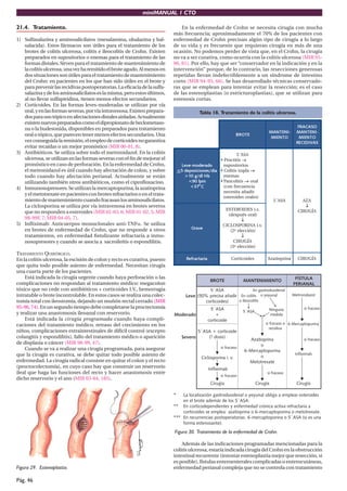 miniMANUAL 1 CTO

21.4. Tratamiento.                                                             En la enfermedad de Crohn se necesita cirugía con mucha
                                                                           más frecuencia; aproximadamente el 70% de los pacientes con
1) Sulfasalazina y aminosalicilatos (mesalamina, olsalazina y bal-         enfermedad de Crohn precisan algún tipo de cirugía a lo largo
   salacida). Estos fármacos son útiles para el tratamiento de los         de su vida y es frecuente que requieran cirugía en más de una
   brotes de colitis ulcerosa, colitis e ileocolitis de Crohn. Existen     ocasión. No podemos perder de vista que, en el Crohn, la cirugía
   preparados en supositorios o enemas para el tratamiento de las          no va a ser curativa, como ocurría con la colitis ulcerosa (MIR 95-
   formas distales. Sirven para el tratamiento de mantenimiento de         96, 81). Por ello, hay que ser “conservador en la indicación y en la
   la colitis ulcerosa, una vez ha remitido el brote agudo. Al menos en    intervención” porque, de lo contrario, las resecciones generosas
   dos situaciones son útiles para el tratamiento de mantenimiento         repetidas llevan indefectiblemente a un síndrome de intestino
   del Crohn: en pacientes en los que han sido útiles en el brote y        corto (MIR 94-95, 66). Se han desarrollado técnicas conservado-
   para prevenir las recidivas postoperatorias. La eﬁcacia de la sulfa-    ras que se emplean para intentar evitar la resección; es el caso
   salazina y de los aminosalicilatos es la misma, pero estos últimos,     de las estenoplastias (o estricturoplastias), que se utilizan para
   al no llevar sulfapiridina, tienen menos efectos secundarios.           estenosis cortas.
2) Corticoides. En las formas leves-moderadas se utilizan por vía
   oral, y en las formas severas, por vía intravenosa. Existen prepara-                  Tabla 18. Tratamiento de la colitis ulcerosa.
   dos para uso tópico en afectaciones distales aisladas. Actualmente
   existen nuevos preparados como el dipropionato de beclometaso-
   na o la budesonida, disponibles en preparados para tratamiento                                                                                  FRACASO
                                                                                                                                  MANTENI-        MANTENI-
   oral o tópico, que parecen tener menos efectos secundarios. Una                                              BROTE
                                                                                                                                   MIENTO           MIENTO
   vez conseguida la remisión, el empleo de corticoides no garantiza                                                                              RECIDIVAS
   evitar recaídas o un mejor pronóstico (MIR 00-01, 8).
3) Antibióticos. Se utiliza sobre todo el metronidazol. En la colitis                                       5´ASA
   ulcerosa, se utilizan en las formas severas con el ﬁn de mejorar el                             • Proctitis →
   pronóstico en caso de perforación. En la enfermedad de Crohn,                Leve-moderado        supositorios
   el metronidazol es útil cuando hay afectación de colon, y sobre             <5 deposiciones/día • Colitis izqda →
   todo cuando hay afectación perianal. Actualmente se están                      >10 g/dl Hb        enemas
   utilizando también otros antibióticos, como el ciproﬂoxacino.                    <90 lpm        • Pancolitis → oral
4) Inmunosupresores. Se utilizan la mercaptopurina, la azatioprina                   <37o C          (con frecuencia
                                                                                                     necesita añadir
   y el metotrexate en pacientes con brotes refractarios o en el trata-
                                                                                                     esteroides orales)
   miento de mantenimiento cuando fracasan los aminosalicilatos.                                                                      5´ASA          AZA
   La ciclosporina se utiliza por vía intravenosa en brotes severos                                                                                   ↓
                                                                                                         ESTEROIDES i.v.                           CIRUGÍA
   que no responden a esteroides (MIR 02-03, 6; MIR 01-02, 5; MIR
                                                                                                          (después oral)
   98-99F, 7; MIR 04-05, 7).                                                                                     ↓
5) Inﬂiximab: Anticuerpos monoclonales anti-TNFα. Se utiliza                                            CICLOSPORINA i.v.
   en brotes de enfermedad de Crohn, que no responde a otros                          Grave
                                                                                                           (2ª elección)
   tratamientos, en enfermedad ﬁstulizante refractaria a inmu-                                                   ↓
   nosupresores y cuando se asocia a sacroileítis o espondilitis.                                            CIRUGÍA
                                                                                                           (3ª elección)
TRATAMIENTO QUIRÚRGICO.
En la colitis ulcerosa, la escisión de colon y recto es curativa, puesto           Refractaria                Corticoides         Azatioprina      CIRUGÍA
que quita todo posible asiento de enfermedad. Necesitan cirugía
una cuarta parte de los pacientes.
    Está indicada la cirugía urgente cuando haya perforación o las                                                                               FÍSTULA
                                                                                                  BROTE             MANTENIMIENTO
complicaciones no respondan al tratamiento médico: megacolon                                                                                    PERIANAL
tóxico que no cede con antibióticos + corticoides I.V., hemorragia                           5´ASA                  En gastroduodenal
intratable o brote incontrolable. En estos casos se realiza una colec-             Leve (50% precisa añadir En colitis o yeyunal                Metronidazol
tomía total con ileostomía, dejando un muñón rectal cerrado (MIR                           corticoides)     o ileocolitis
95-96, 74). En un segundo tiempo debe completarse la proctectomía                                 5´ASA                            Ninguna            si fracaso
y realizar una anastomosis ileoanal con reservorio.                                                                 5´ASA
                                                                           Moderado                  +                             medida
    Está indicada la cirugía programada cuando haya compli-                                      corticoide
caciones del tratamiento médico, retraso del crecimiento en los                                                                  si fracaso o 6 Mercaptopurina
                                                                                                                                   recidiva
niños, complicaciones extraintestinales de difícil control (excepto                     5´ASA + corticoide
colangitis y espondilitis), fallo del tratamiento médico o aparición             Severo     ( dosis)
                                                                                                                       Azatioprina                    si fracaso
de displasia o cáncer (MIR 98-99, 47).                                                                                      o
    Cuando se va a realizar una cirugía programada, para asegurar                                      si fracaso
                                                                                                                    6-Mercaptopurina
que la cirugía es curativa, se debe quitar todo posible asiento de                                                                               Infliximab
                                                                                          Ciclosporina i. v.                o
enfermedad. La cirugía radical consiste en quitar el colon y el recto                                                 Metotrexate
(proctocolectomía), en cuyo caso hay que construir un reservorio                                 Infliximab
ileal que haga las funciones del recto y hacer anastomosis entre                                                                  si fracaso
                                                                                                       si fracaso
dicho reservorio y el ano (MIR 03-04, 185).
                                                                                                  Cirugía                   Cirugía               Cirugía

                                                                           *   La localización gastroduodenal o yeyunal obliga a emplear esteroides
                                                                               en el brote además de los 5´ASA.
                                                                           ** En corticodependientes y enfermedad crónica activa refractaria a
                                                                               corticoides se emplea: azatioprina o 6-mercaptoporina o metotrexate.
                                                                           *** En recurrencias postoperatorias: 6-mercaptoporina o 5´ASA (si es una
                                                                               forma estenosante).
                                                                           Figura 30. Tratamiento de la enfermedad de Crohn.

                                                                               Además de las indicaciones programadas mencionadas para la
                                                                           colitis ulcerosa, estaría indicada cirugía del Crohn en la obstrucción
                                                                           intestinal recurrente (intentar estenoplastia mejor que resección, si
                                                                           es posible), fístulas enteroenterales complicadas o enterocutáneas,
Figura 29. Estenoplastia.                                                  enfermedad perianal compleja que no se controla con tratamiento

Pág. 46
 